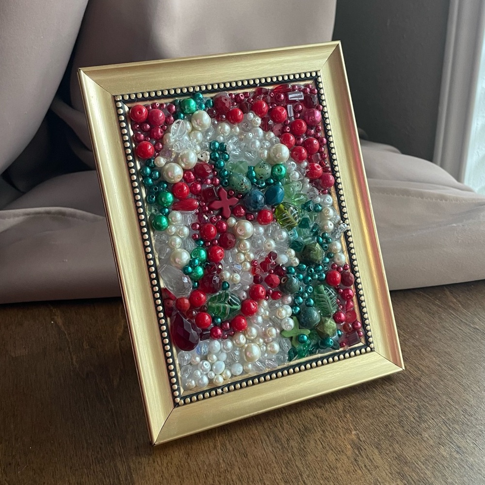 Handmade Beaded Framed Christmas Art for Display - Kitschy